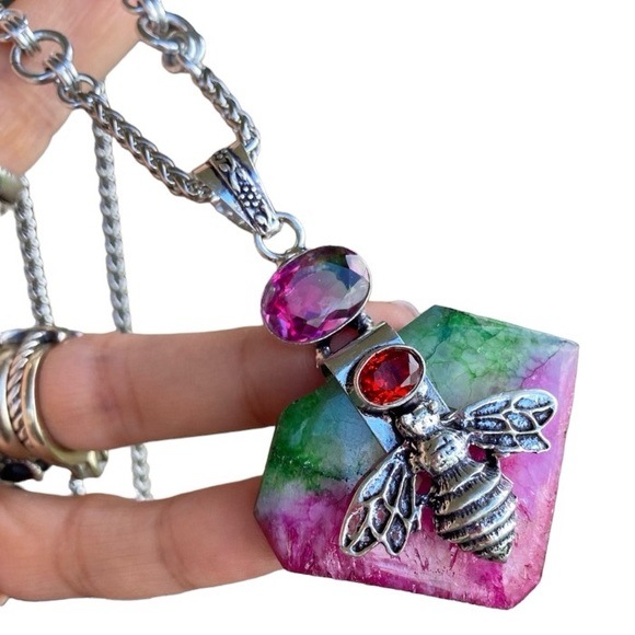 925 sterling silver overlay pink green agate & mystic topaz bee boho necklace . - Picture 10 of 14